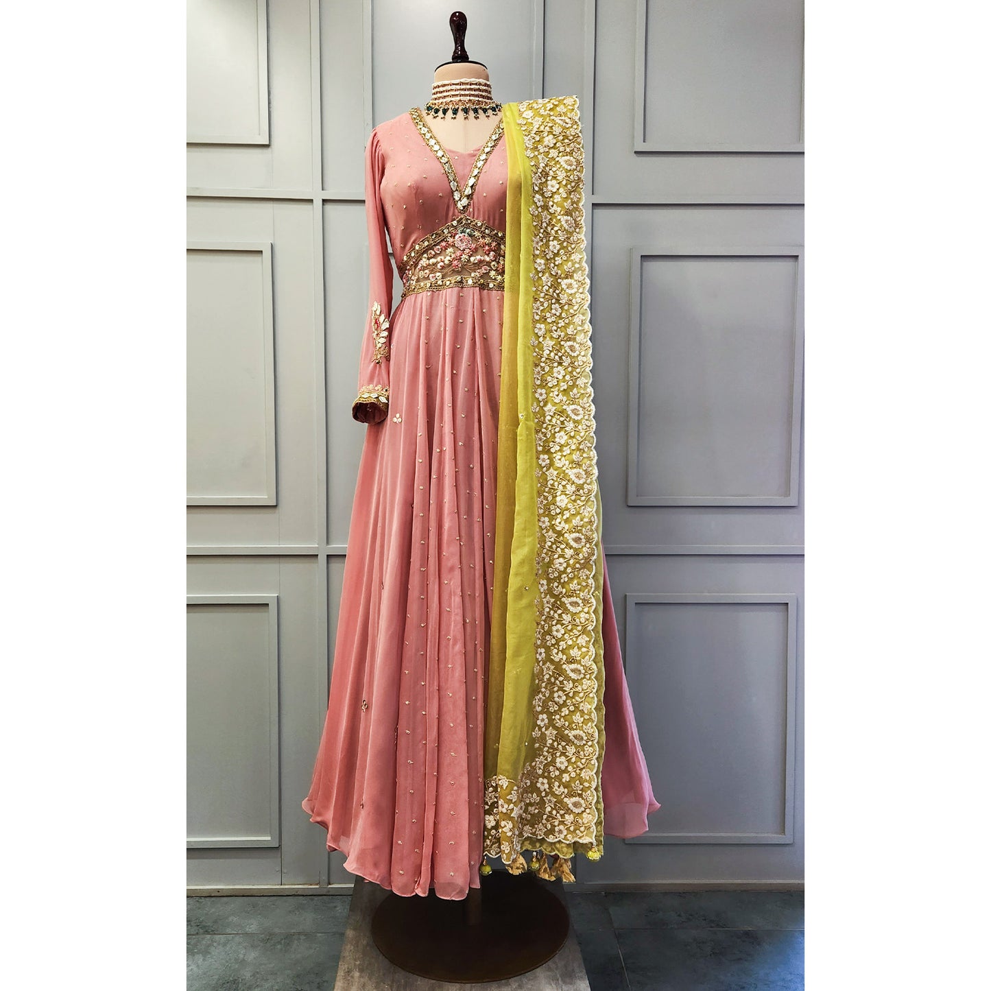 Pink Anarkali with Lime Green Dupatta Floor Length