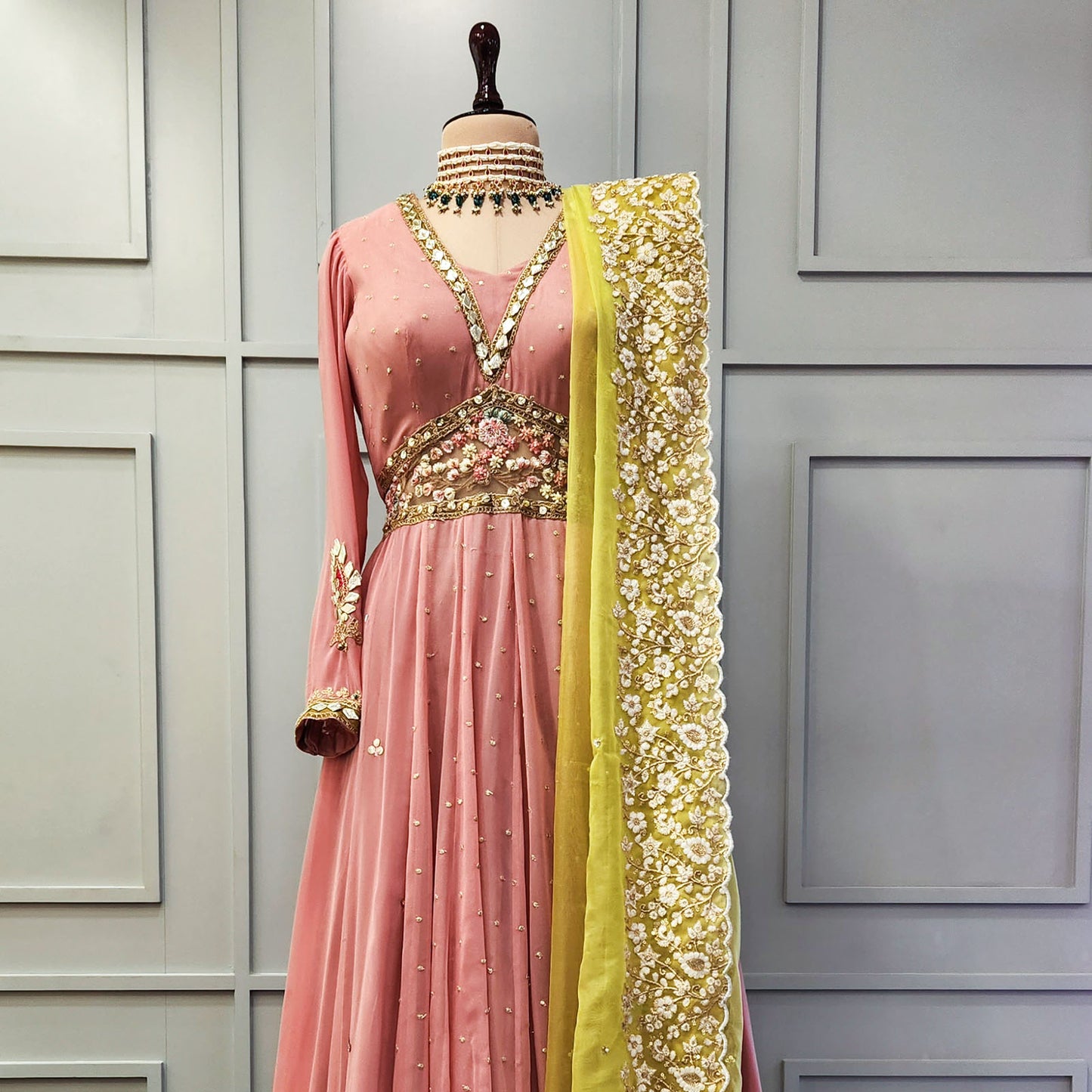 Pink Anarkali with Lime Green Dupatta Floor Length
