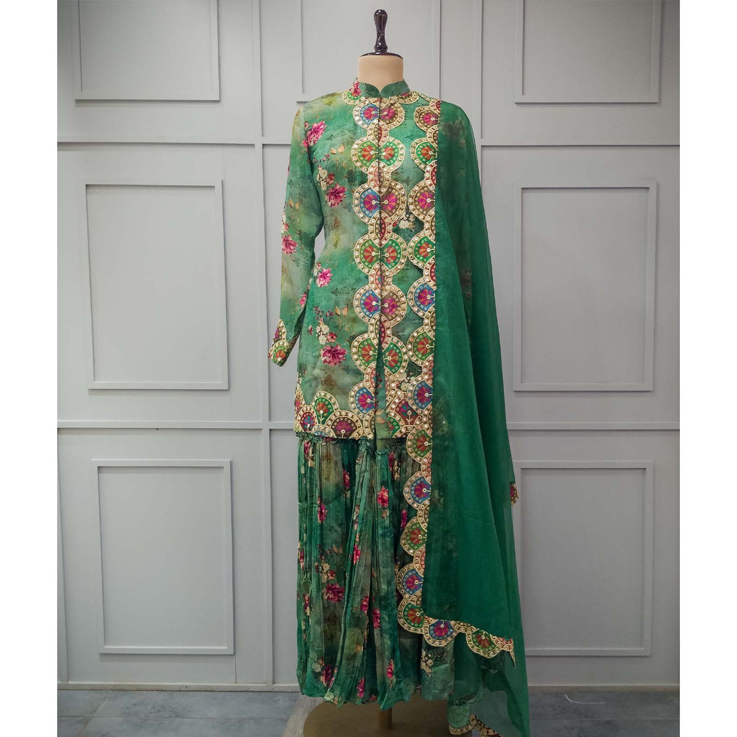 Green Floral Pattern Kurta with Plazo