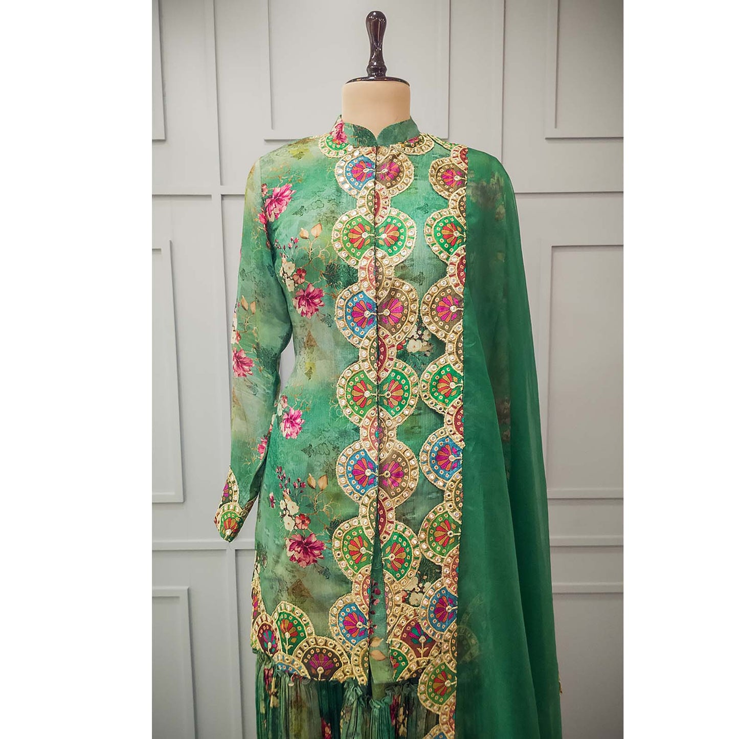 Green Floral Pattern Kurta with Plazo