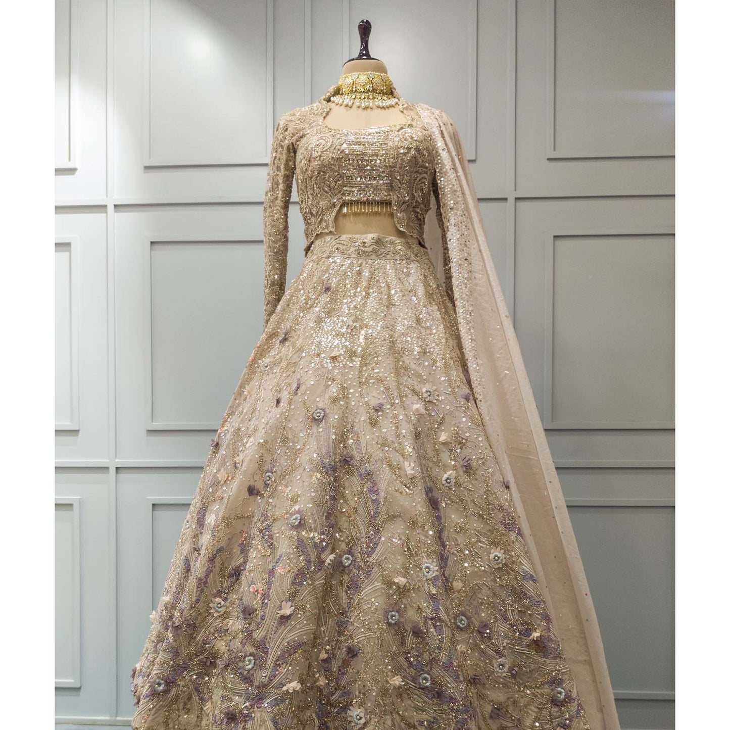 Beige Sequin Lehenga with Full Sleeves Designer Embroidered Blouse