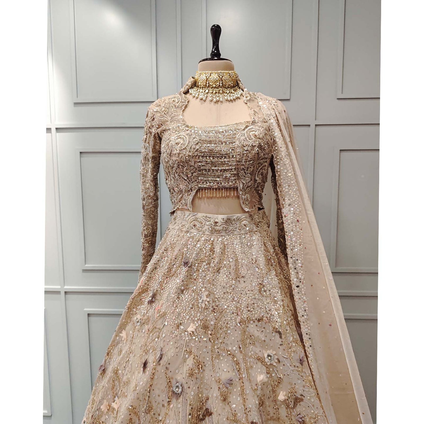 Beige Sequin Lehenga with Full Sleeves Designer Embroidered Blouse
