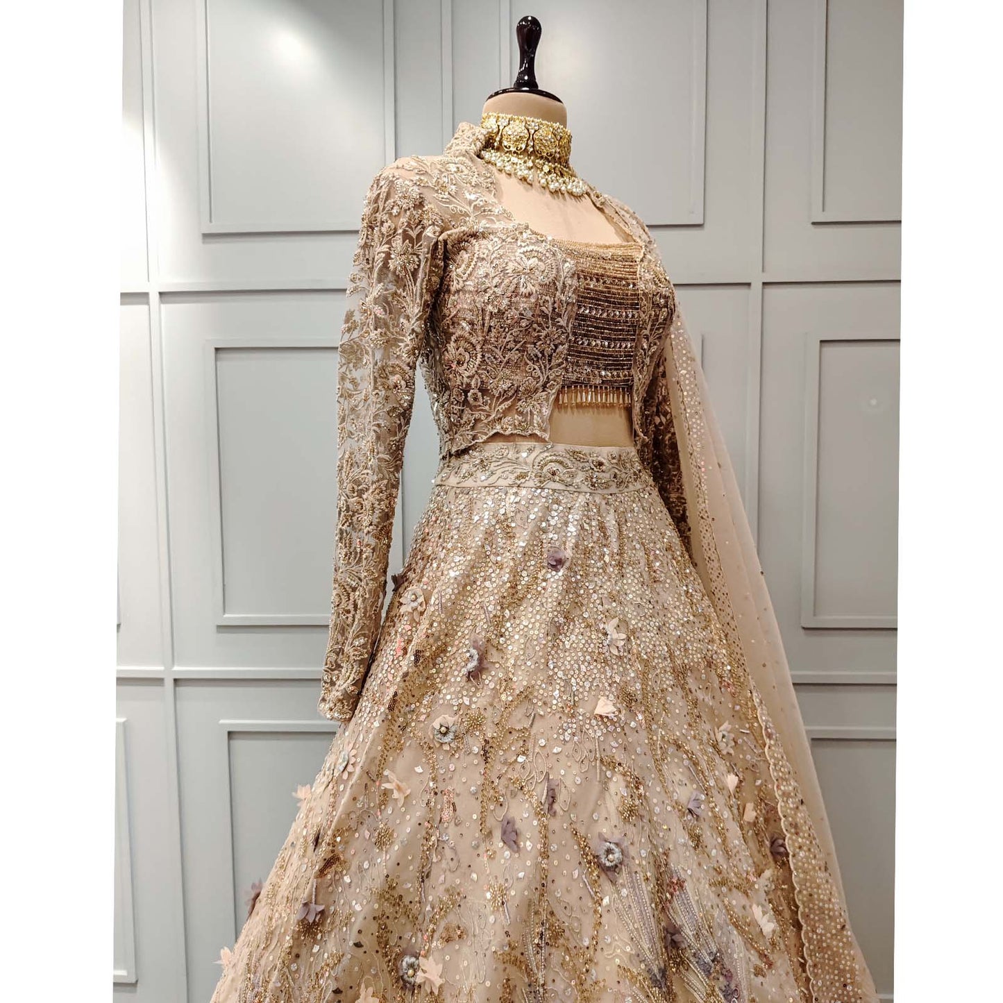 Beige Sequin Lehenga with Full Sleeves Designer Embroidered Blouse