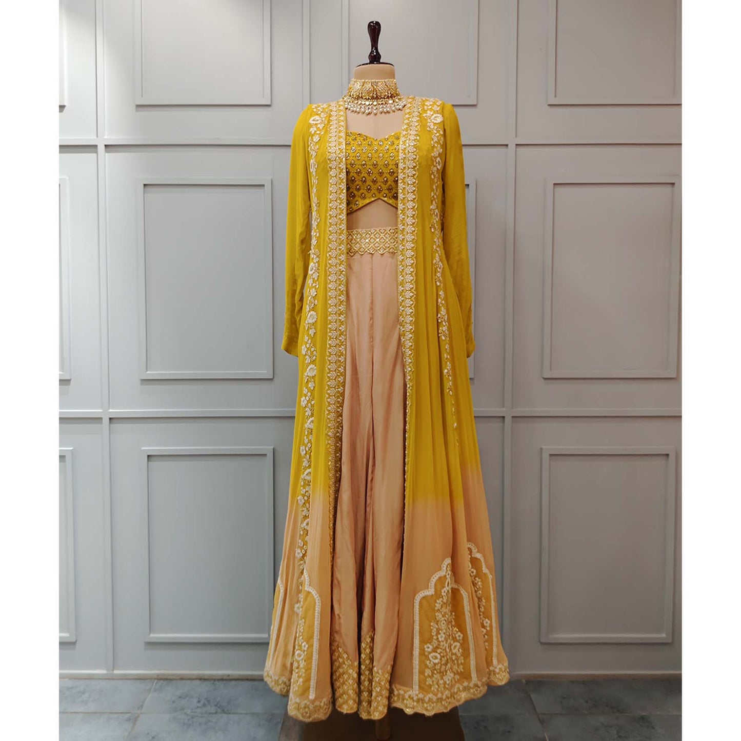 Yellow Crop top with Cape and Palazzo Pants
