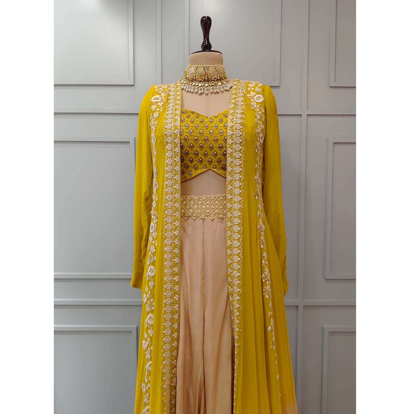 Yellow Crop top with Cape and Palazzo Pants
