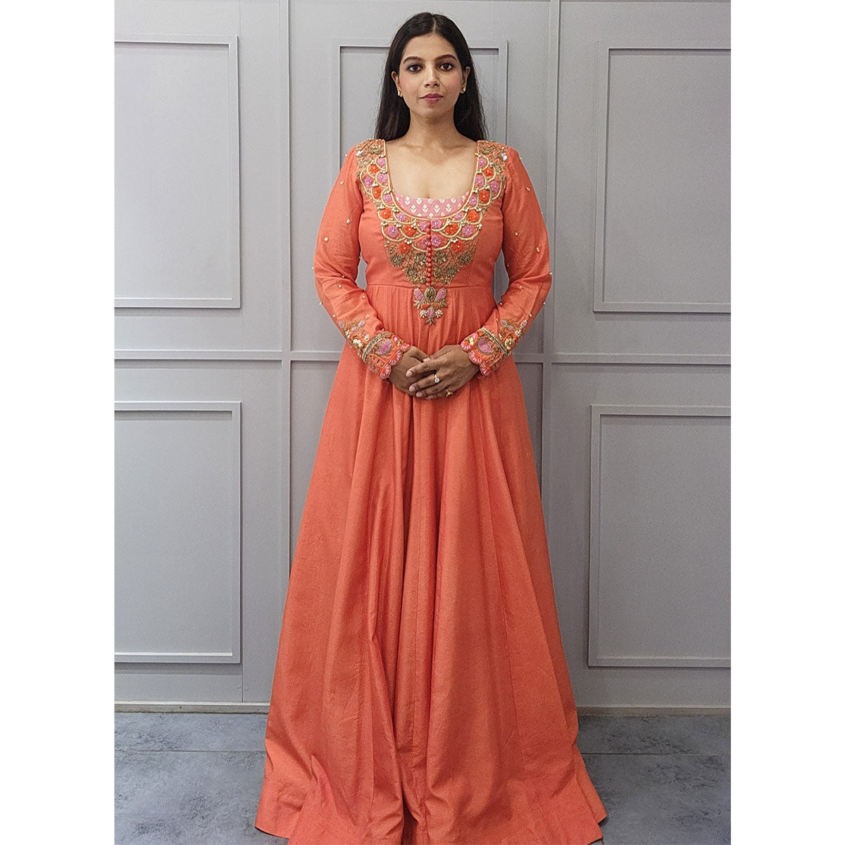 Orange Embroidered Neckline Silk Anarkali