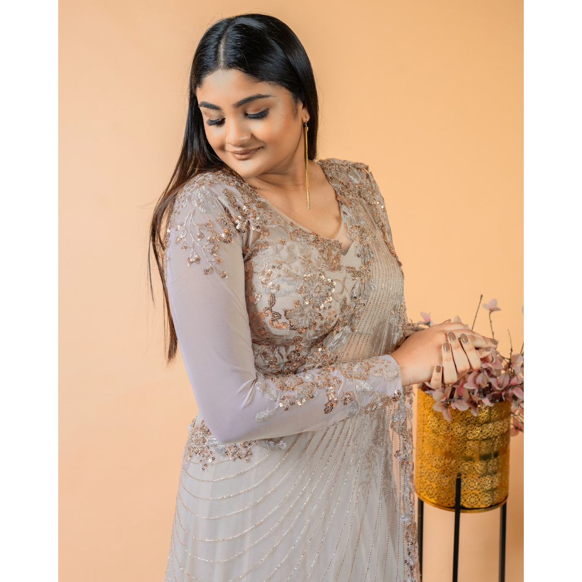 Beige Double Drape Full Sleeves with Embroidered Blouse Lehenga