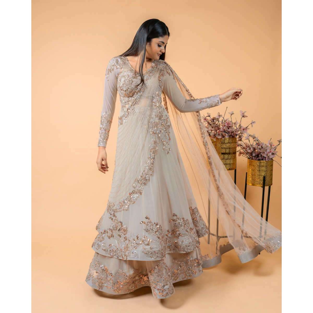 Beige Double Drape Full Sleeves with Embroidered Blouse Lehenga
