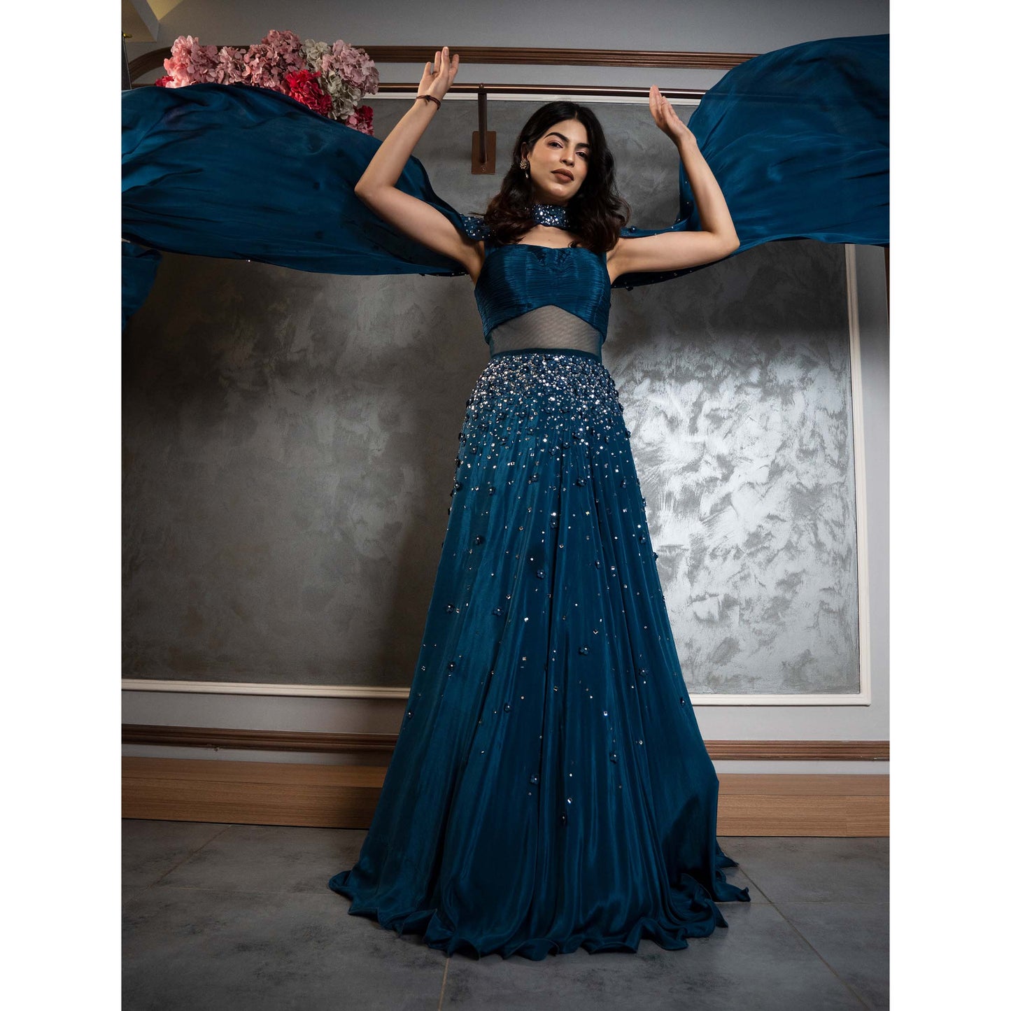 Cape Sleve Scatter Work Gown