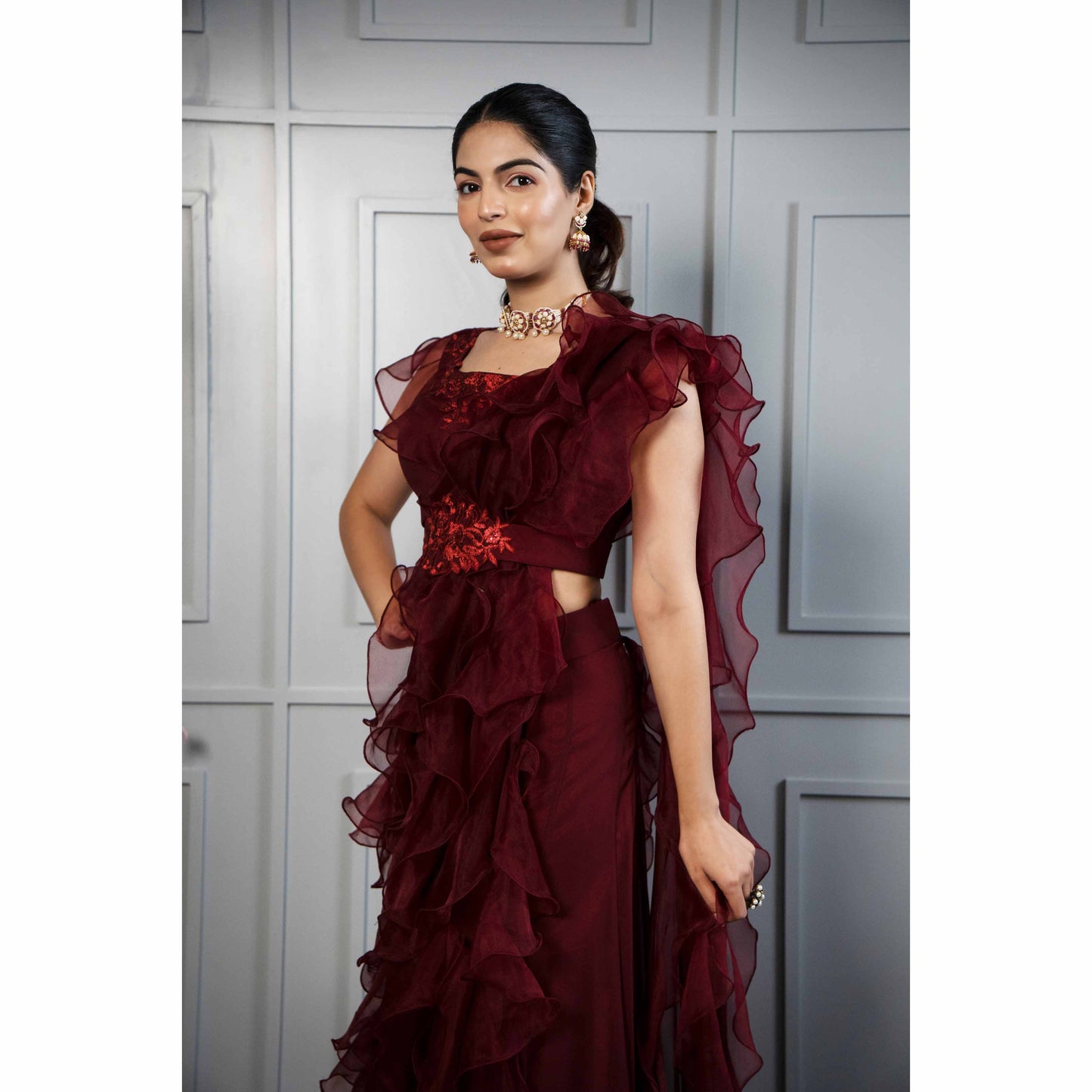 Mehroon Ruffle Drape Sharara Set