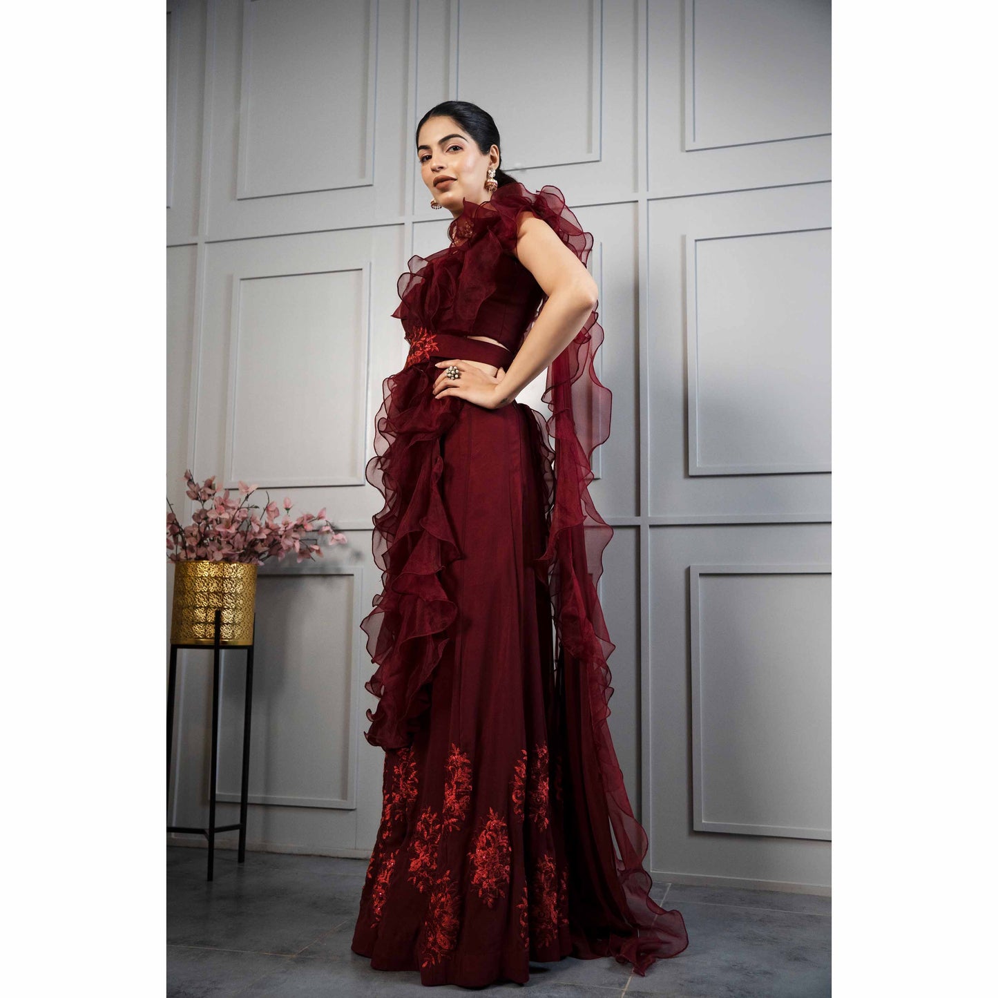 Mehroon Ruffle Drape Sharara Set