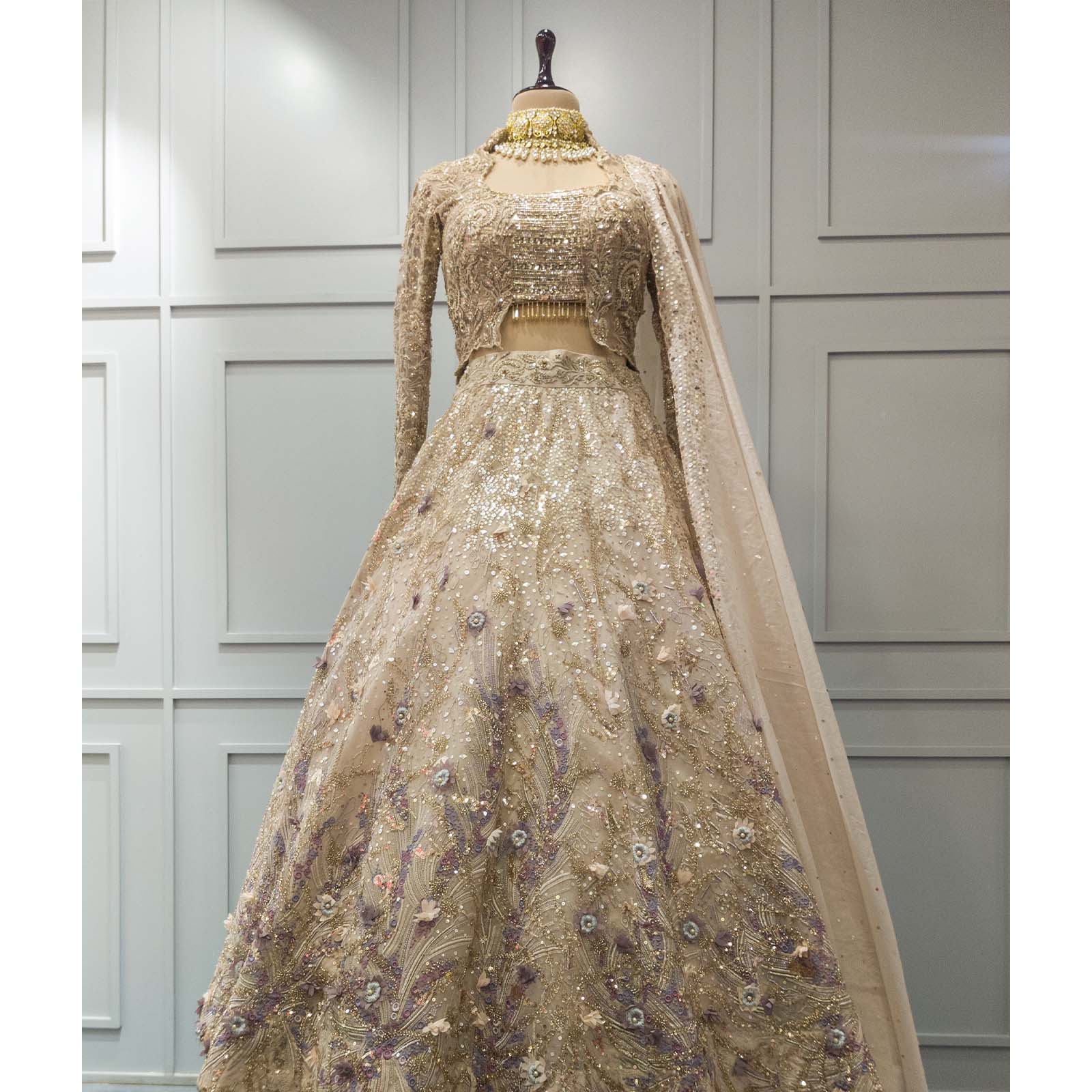Beige Sequin Lehenga with Full Sleeves Designer Embroidered Blouse