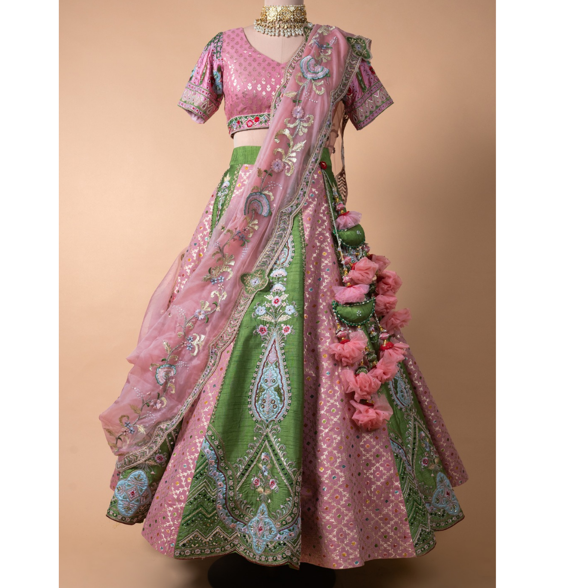 Pink & Green Panneled Raw Silk Lehenga