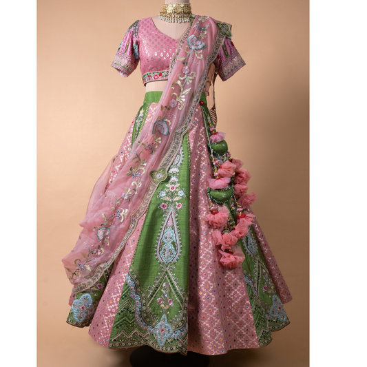 Peach & Green Banarasi Silk Lehenga