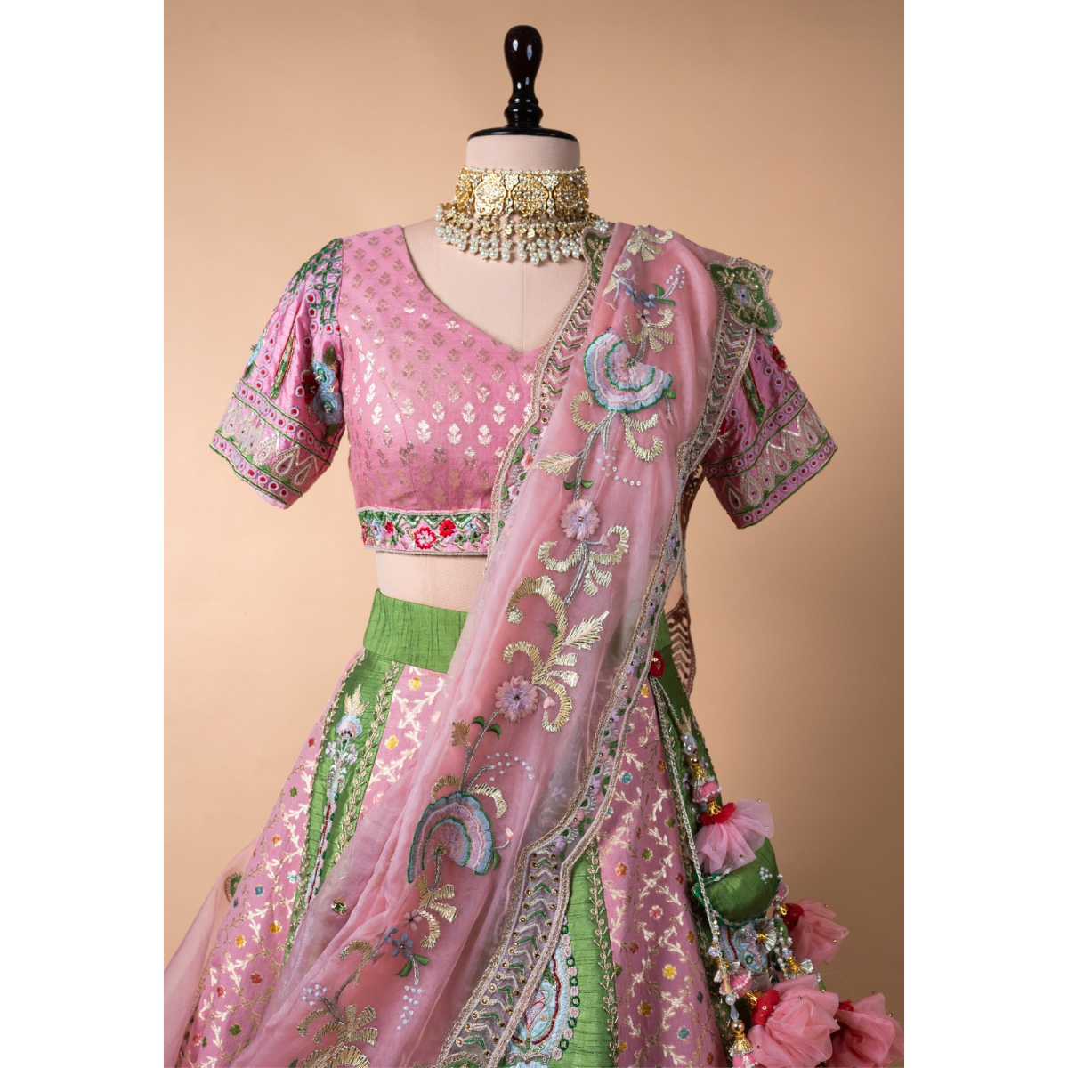 Pink & Green Panneled Raw Silk Lehenga