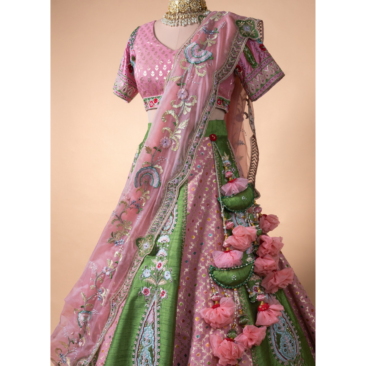 Pink & Green Panneled Raw Silk Lehenga