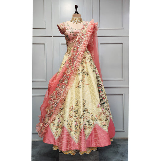 Lemon Peach Thread Work Lehenga