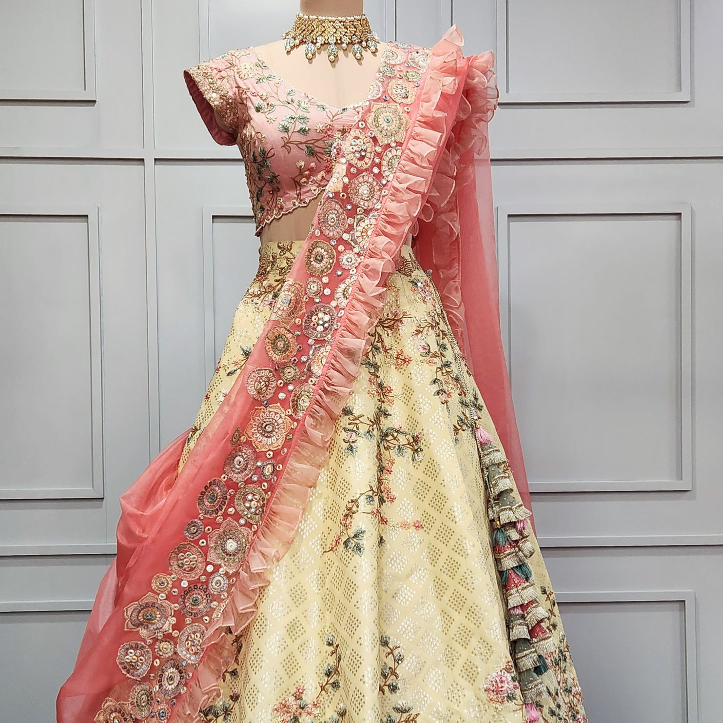 Lemon Peach Thread Work Lehenga