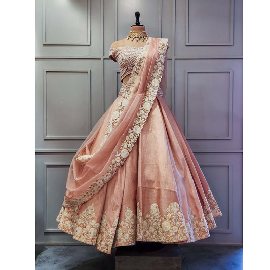 Onion Pink box pleat off-shoulder Lehenga