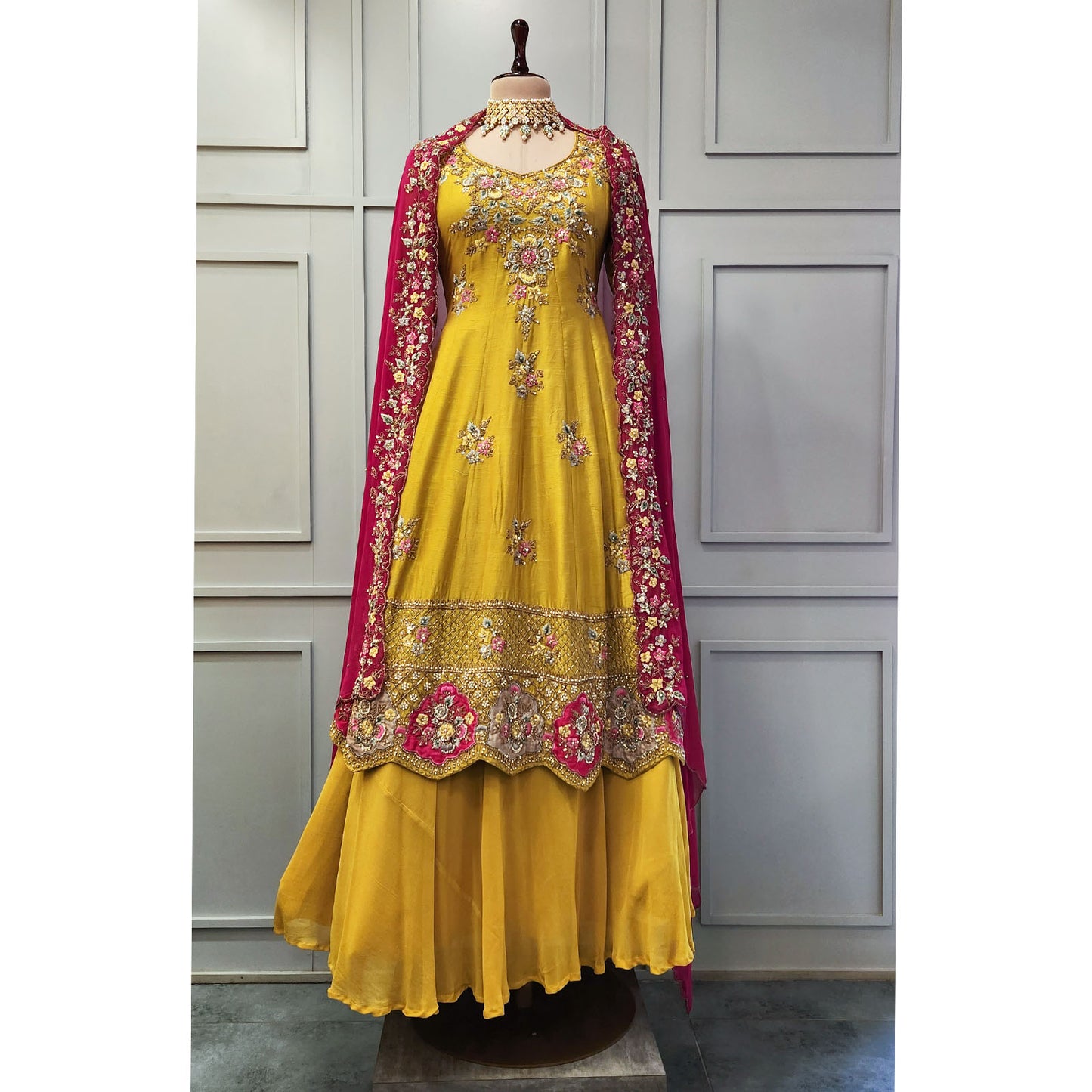 Mustard Embroidered Silk Kurta with Plazo with Mehroon Dupatta Floor Length