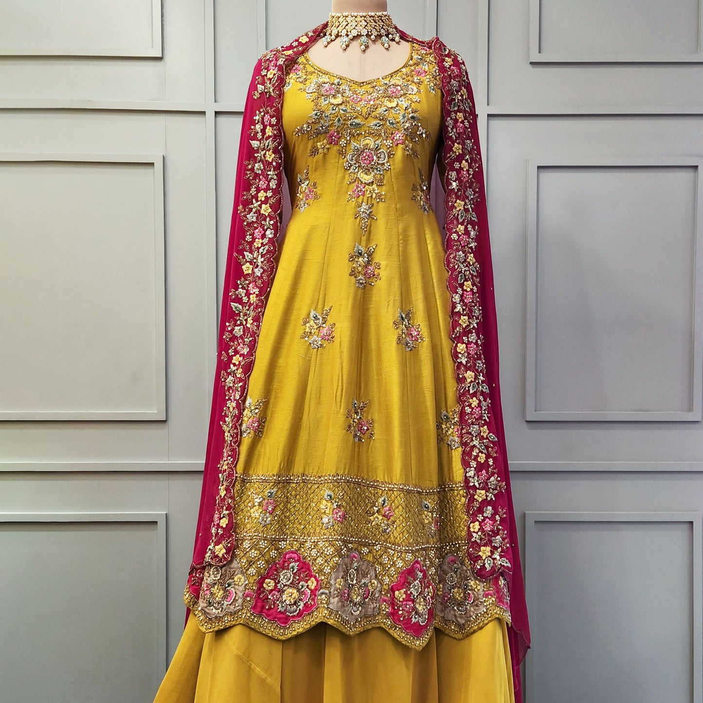 Mustard Embroidered Silk Kurta with Plazo with Mehroon Dupatta Floor Length