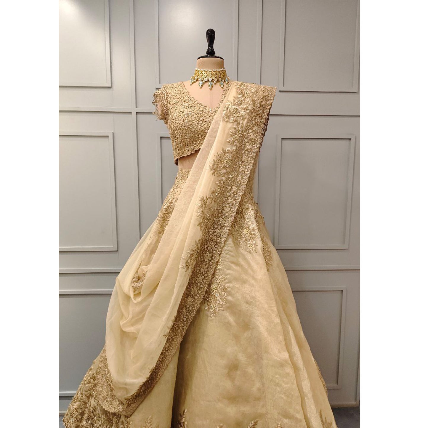 Gold Organza with Threadwork Lehenga