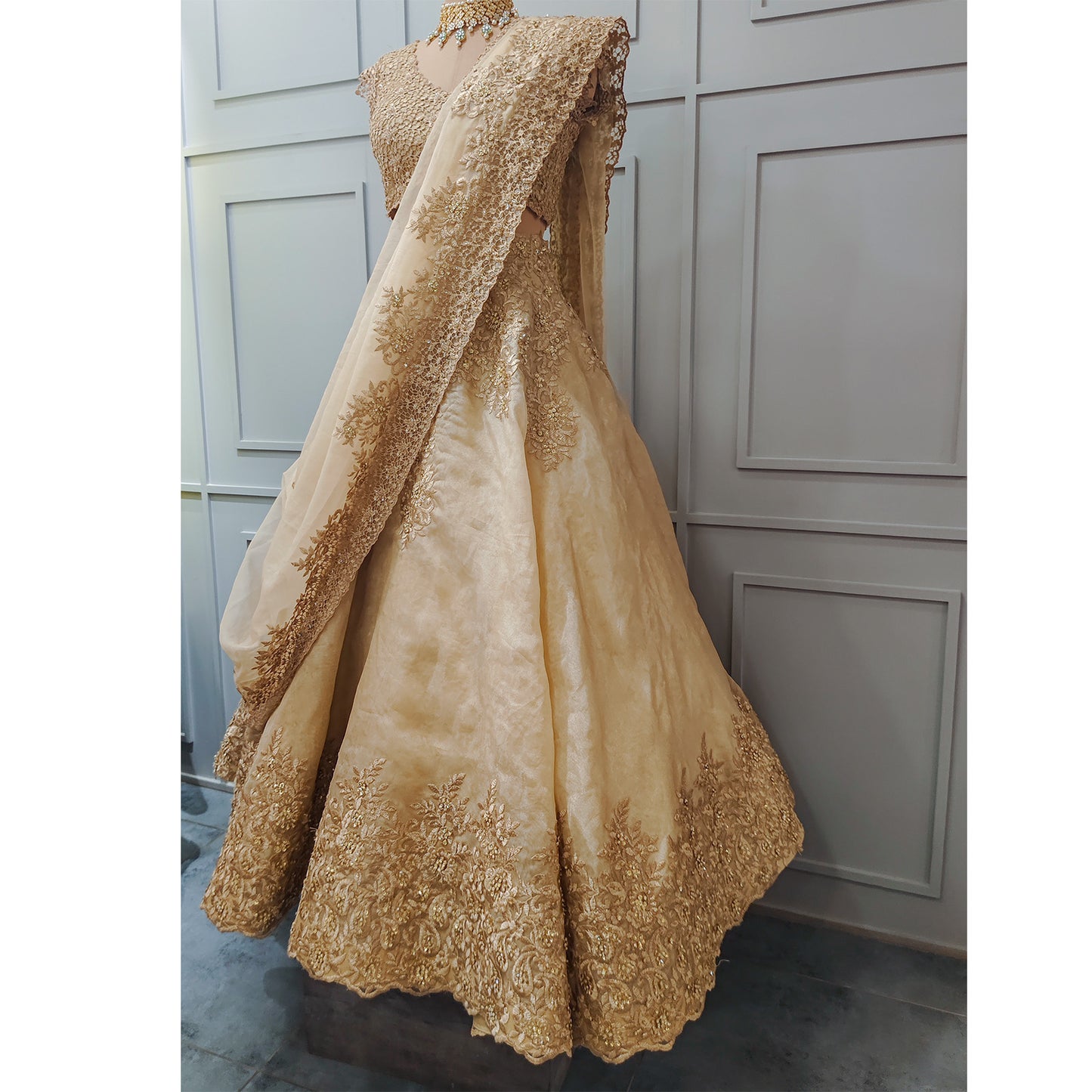 Gold Organza with Threadwork Lehenga