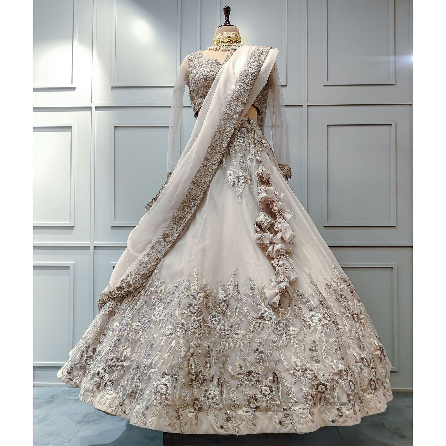 Smoke Grey Organza Floral Sequin Lehenga