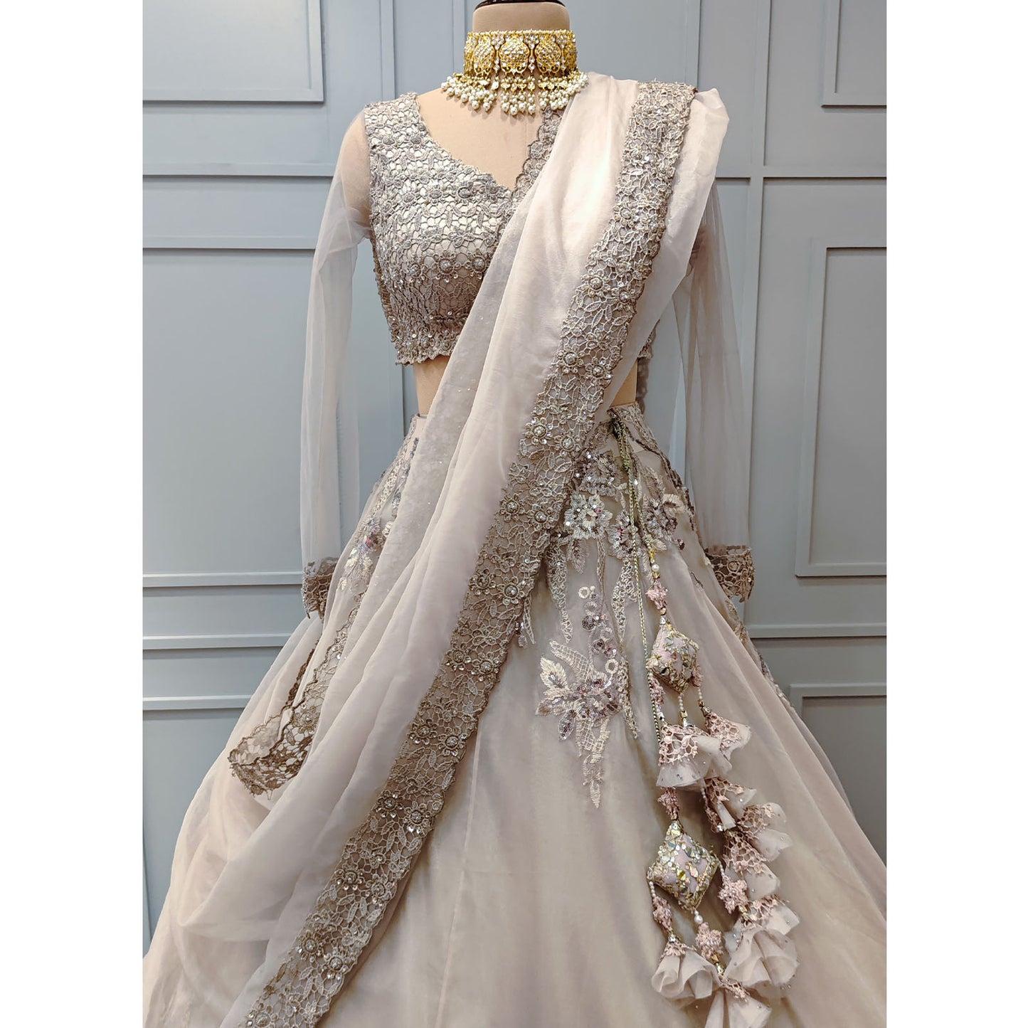 Smoke Grey Organza Floral Sequin Lehenga