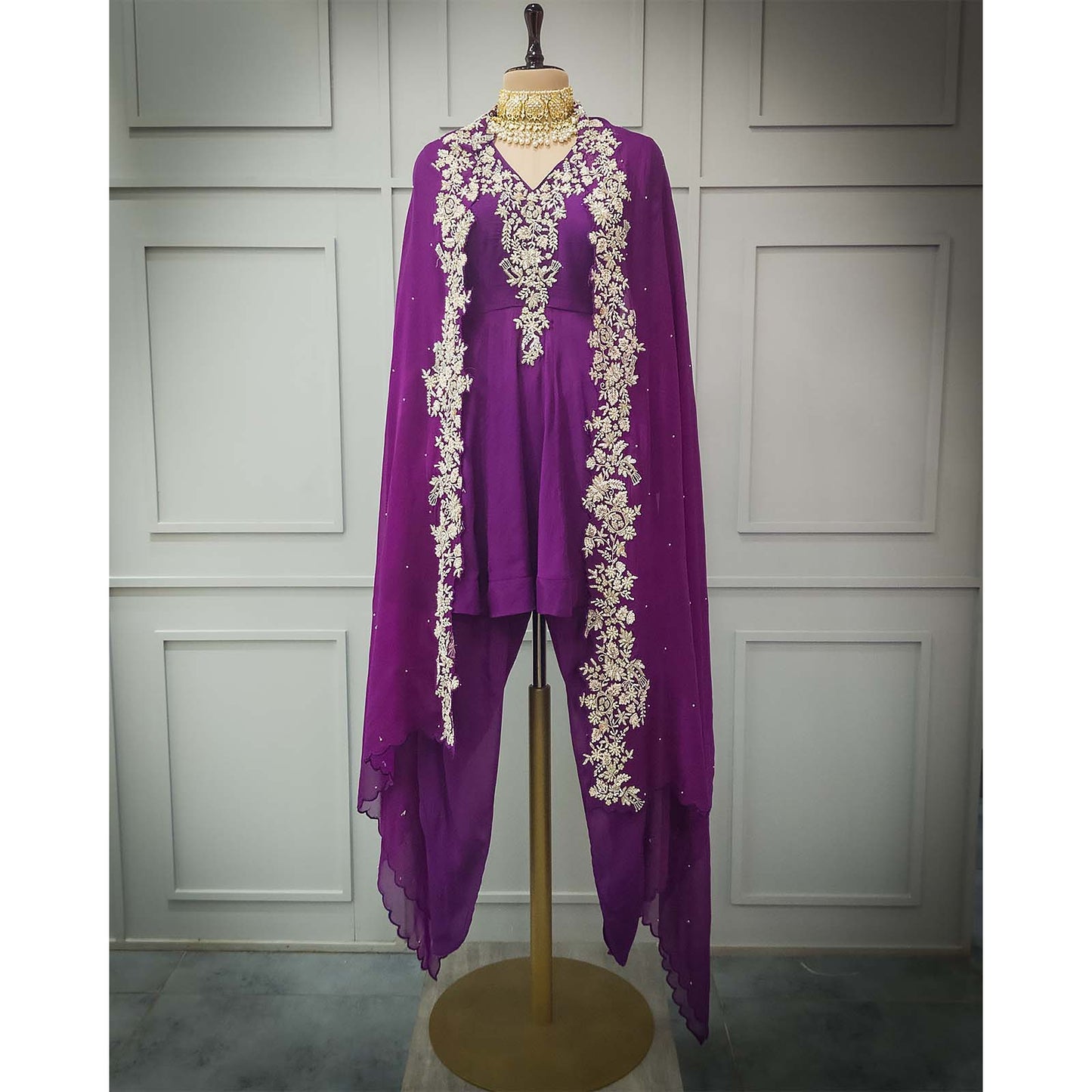 Purple crepe cape dhoti-style dress