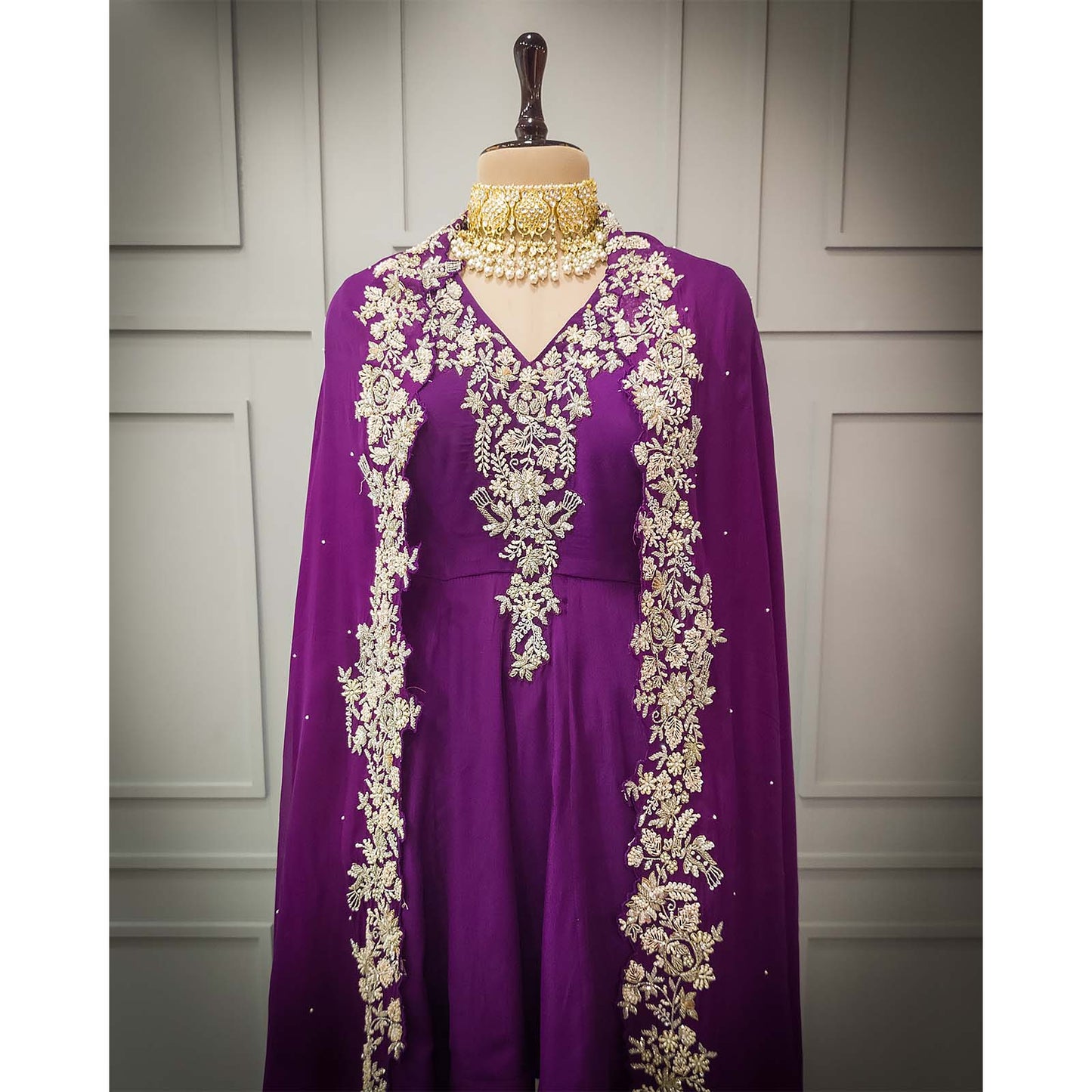 Purple crepe cape dhoti-style dress