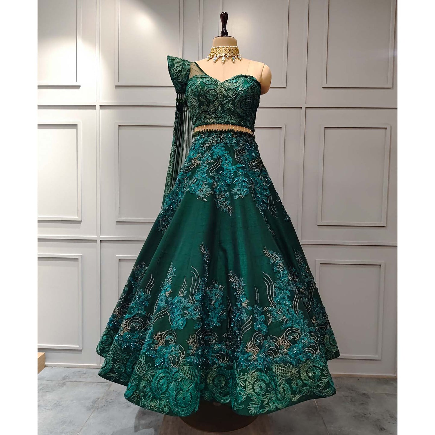 Green Raw Silk Lehenga with Patch Work