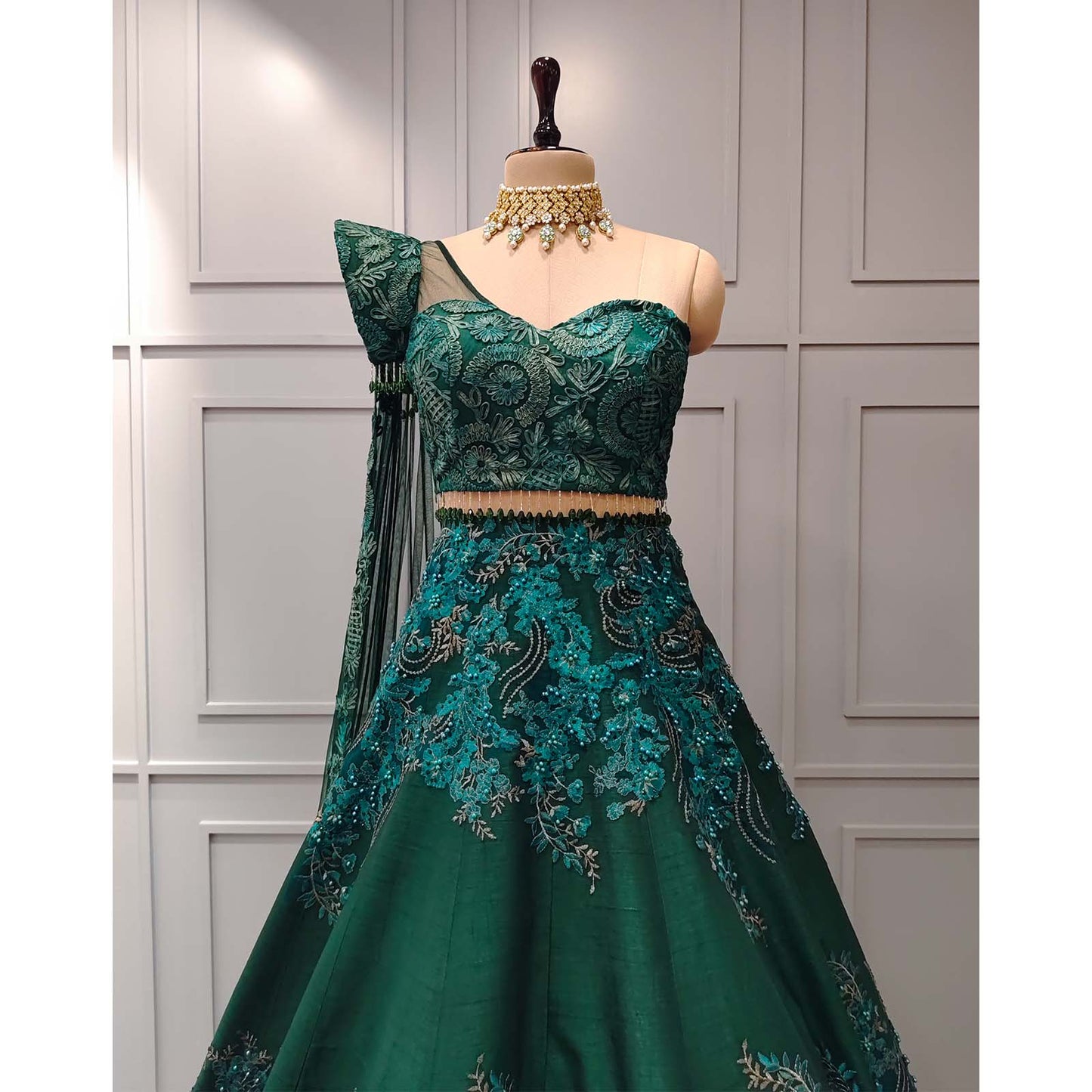 Green Raw Silk Lehenga with Patch Work