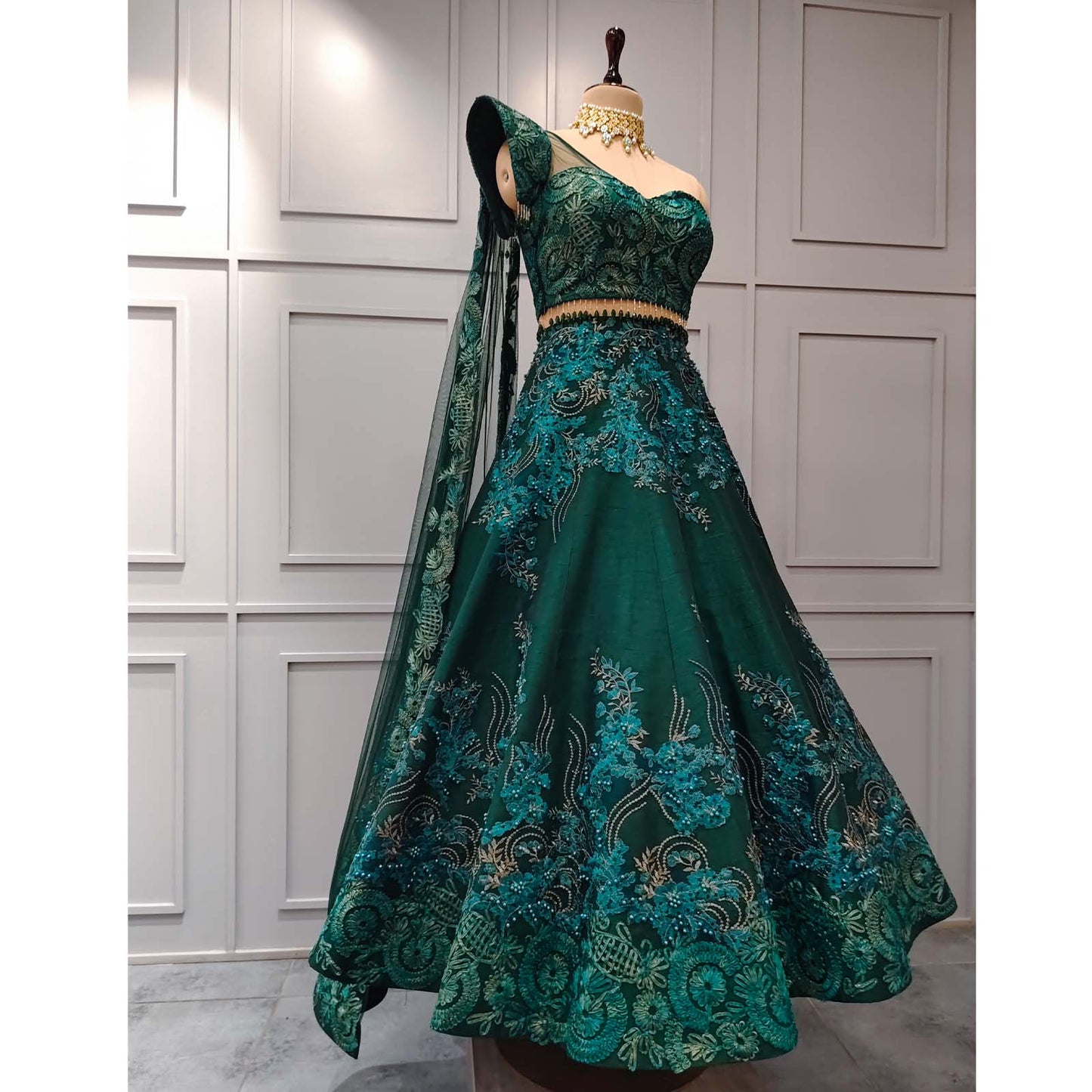 Green Raw Silk Lehenga with Patch Work