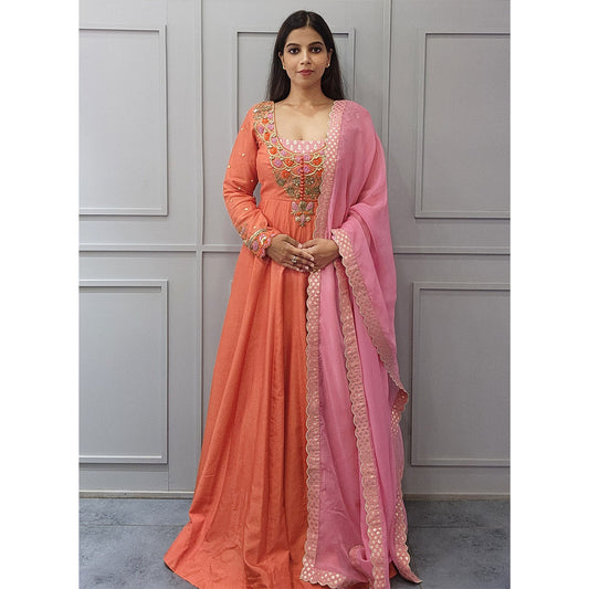 Orange Embroidered Neckline Silk Anarkali