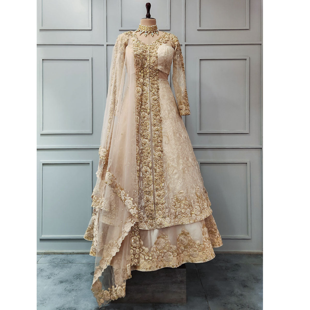 Pearl Beige Embroidered Drape Lehenga