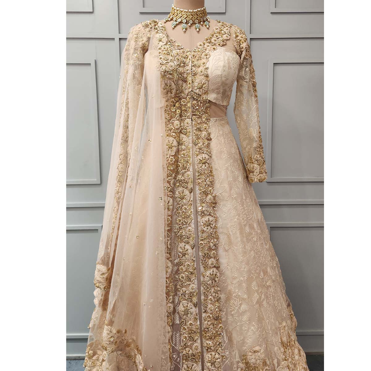 Pearl Beige Embroidered Drape Lehenga