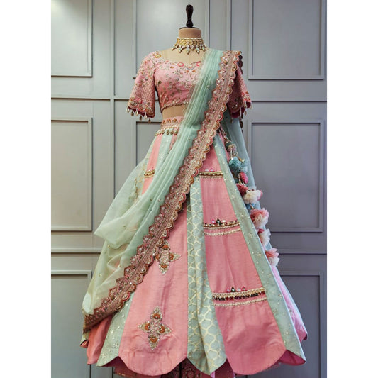 Mint and Baby Pink Panneled Raw Silk Lehenga