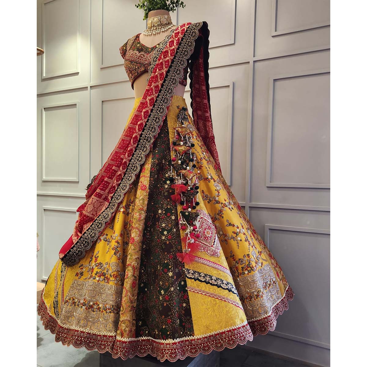 Yellow Panneled Raw Silk Lehenga