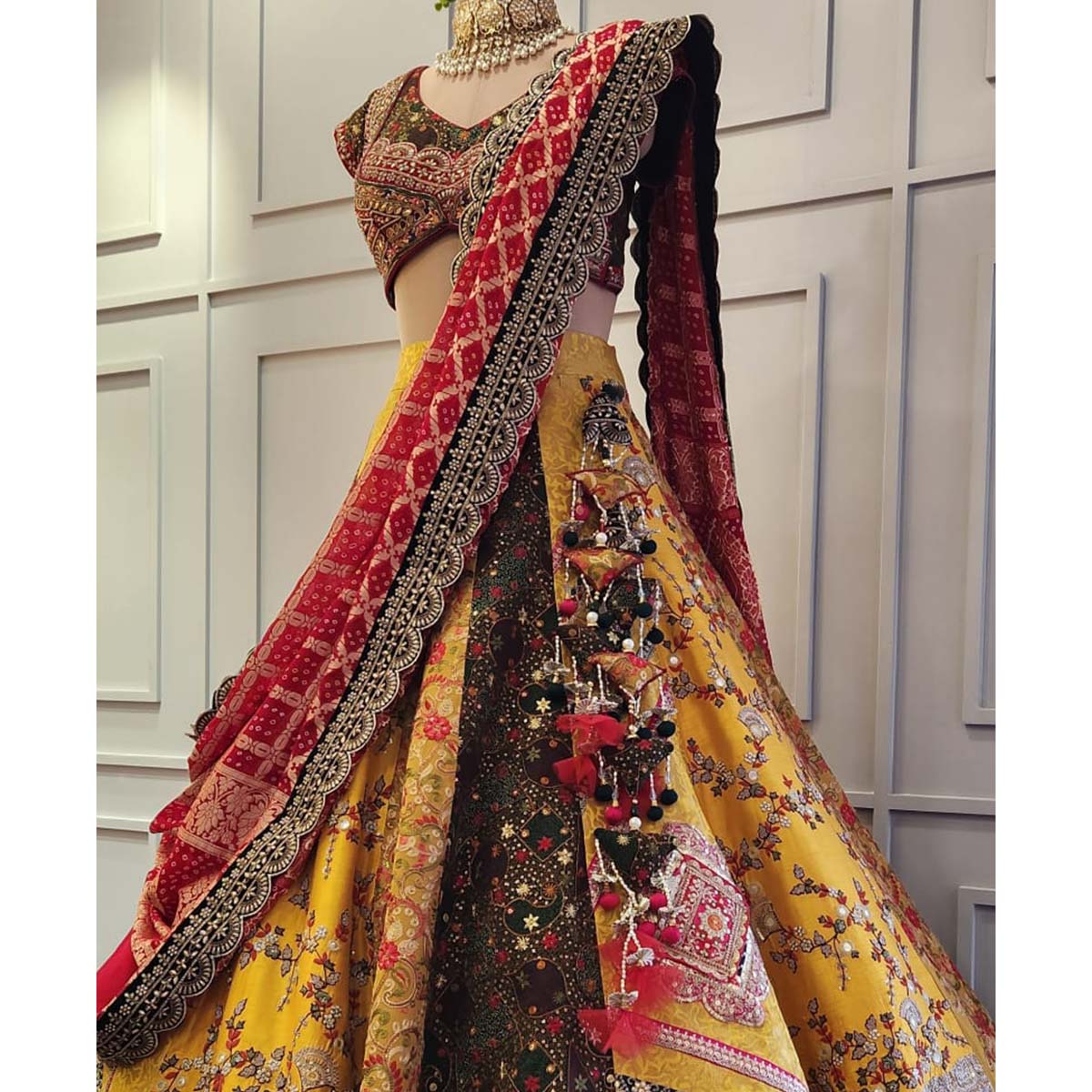 Yellow Panneled Raw Silk Lehenga