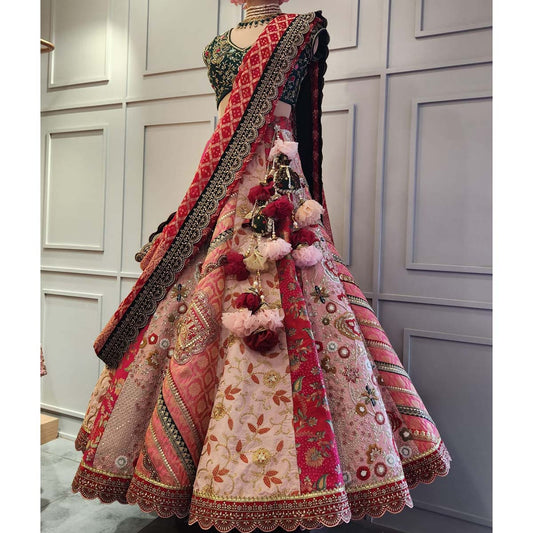 Pink Panneled Raw Silk Lehenga