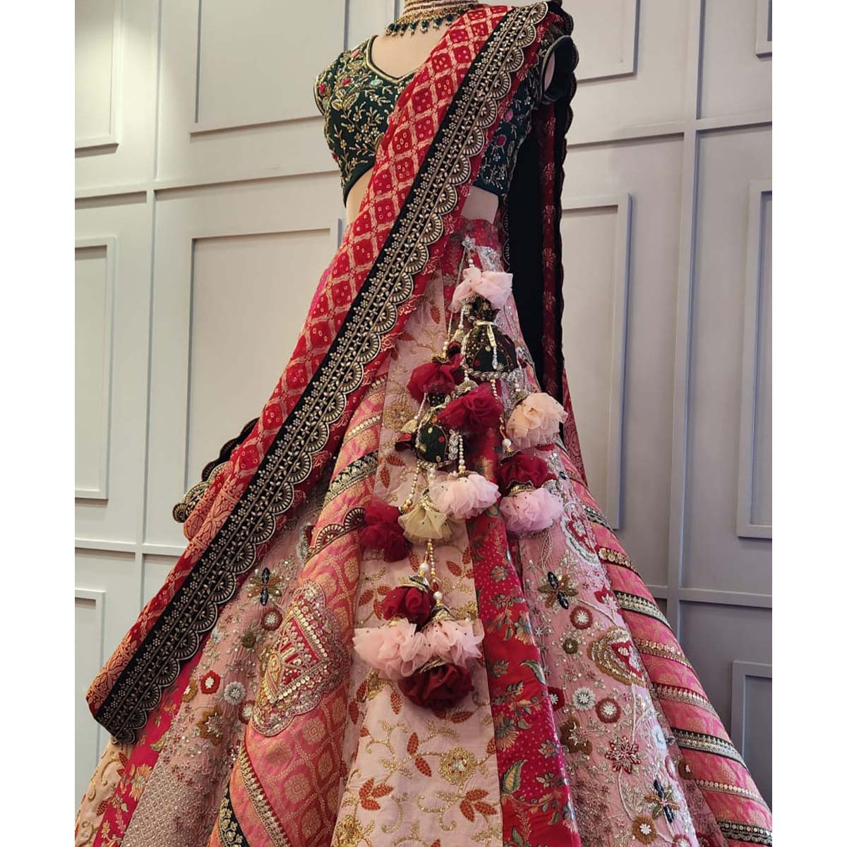 Pink Panneled Raw Silk Lehenga