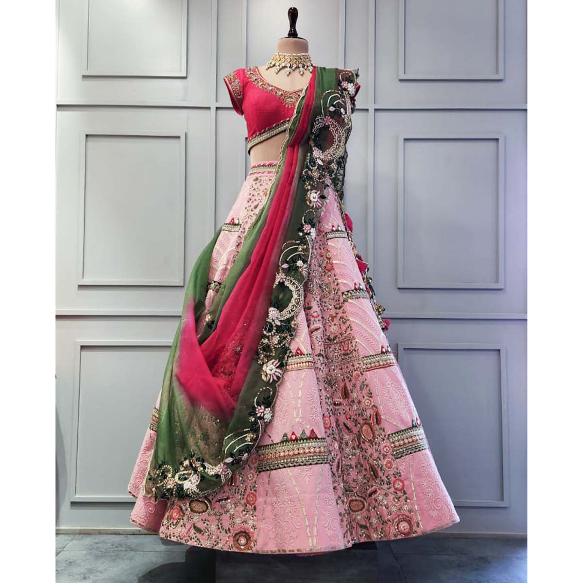 Green Embroiderd Dupatta with baby Pink Raw Silk Lehenga