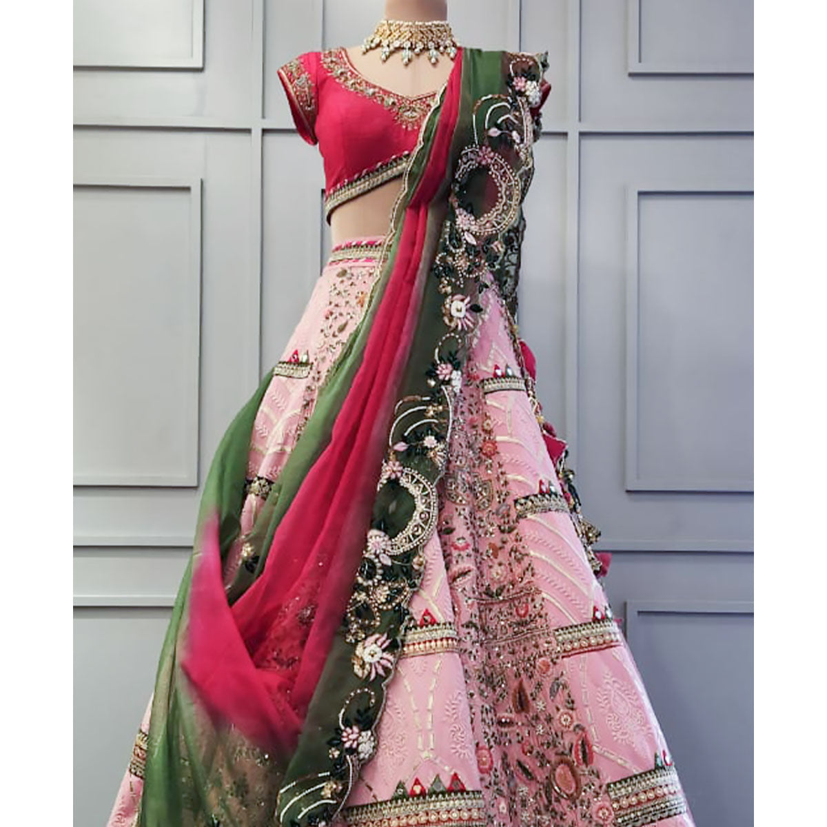 Green Embroiderd Dupatta with baby Pink Raw Silk Lehenga