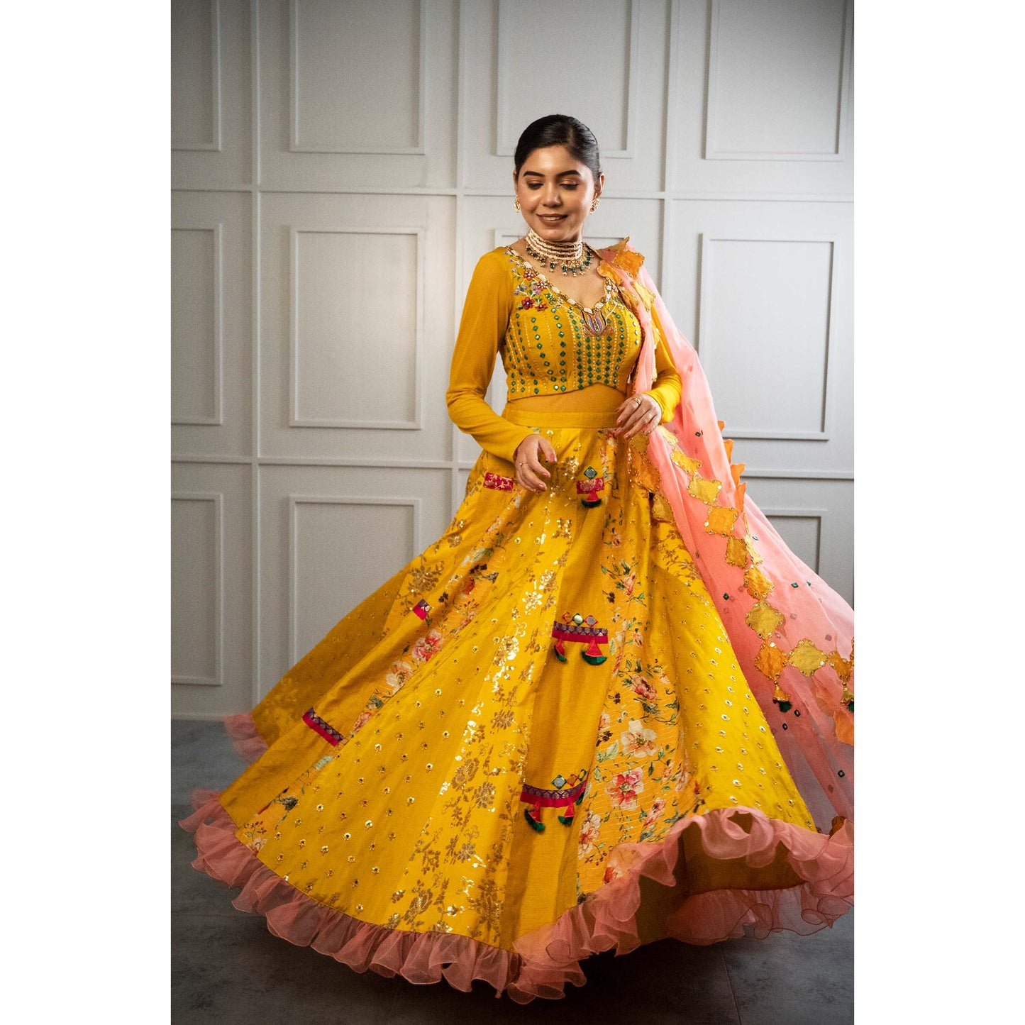 Yellow Mirror Tassel Lehenga Kali Door