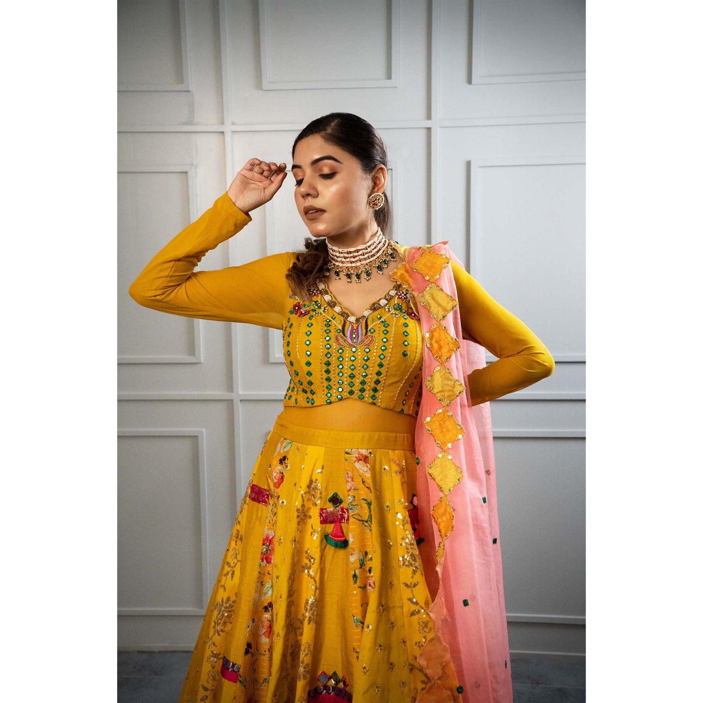 Yellow Mirror Tassel Lehenga Kali Door