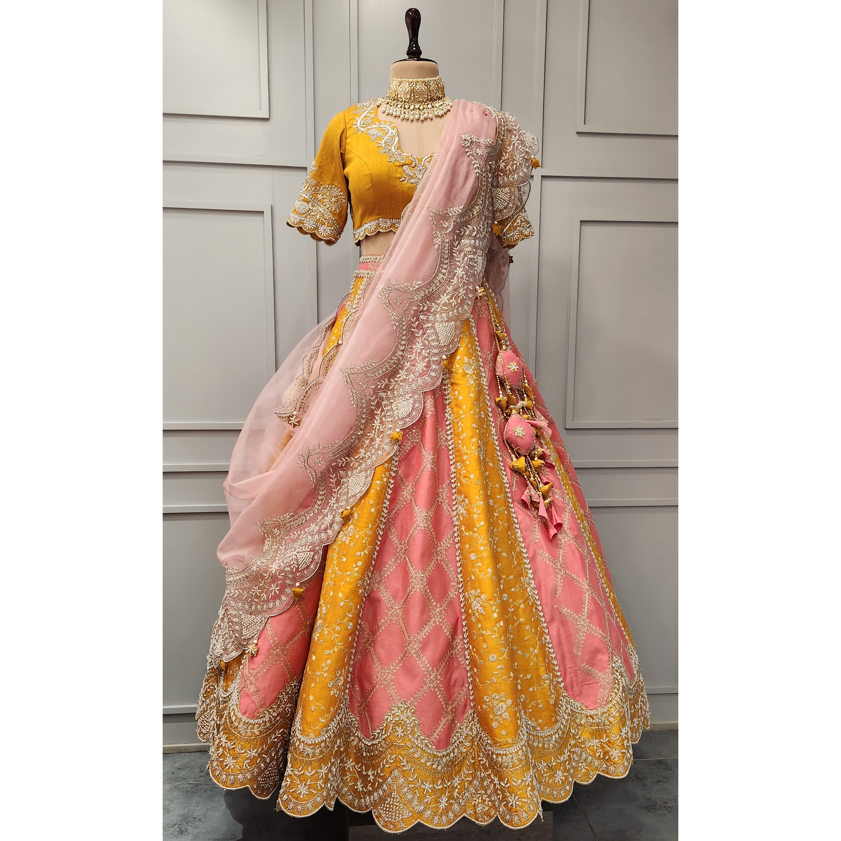 Amazing Rani Pink Net Bridesmaid Lehenga Choli with Yellow Blouse and  Dupatta - Tulsi Art - 4094395